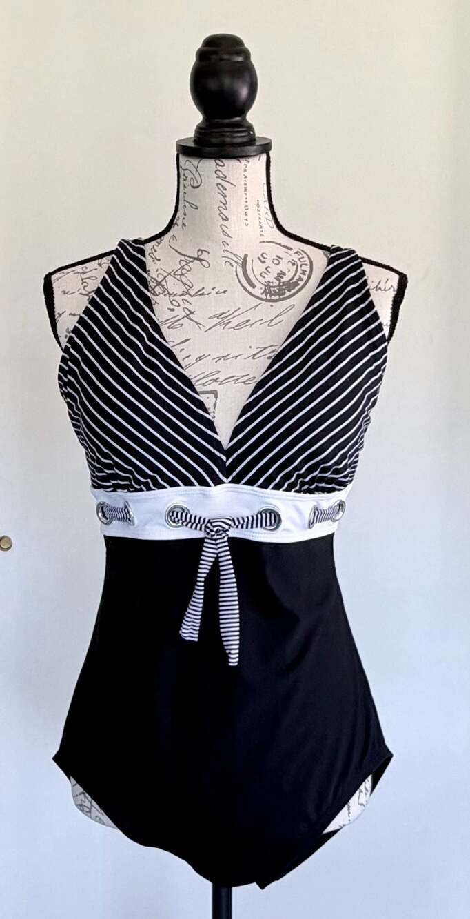 Maidenform Beach Black & White Striped V-Neck One-Piece Swimsuit